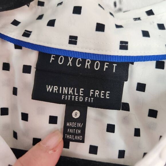 Foxcroft Wrinkle Free Fitted Cotton Geometric Button Up Blouse Black White Sz 8 - Picture 7 of 13
